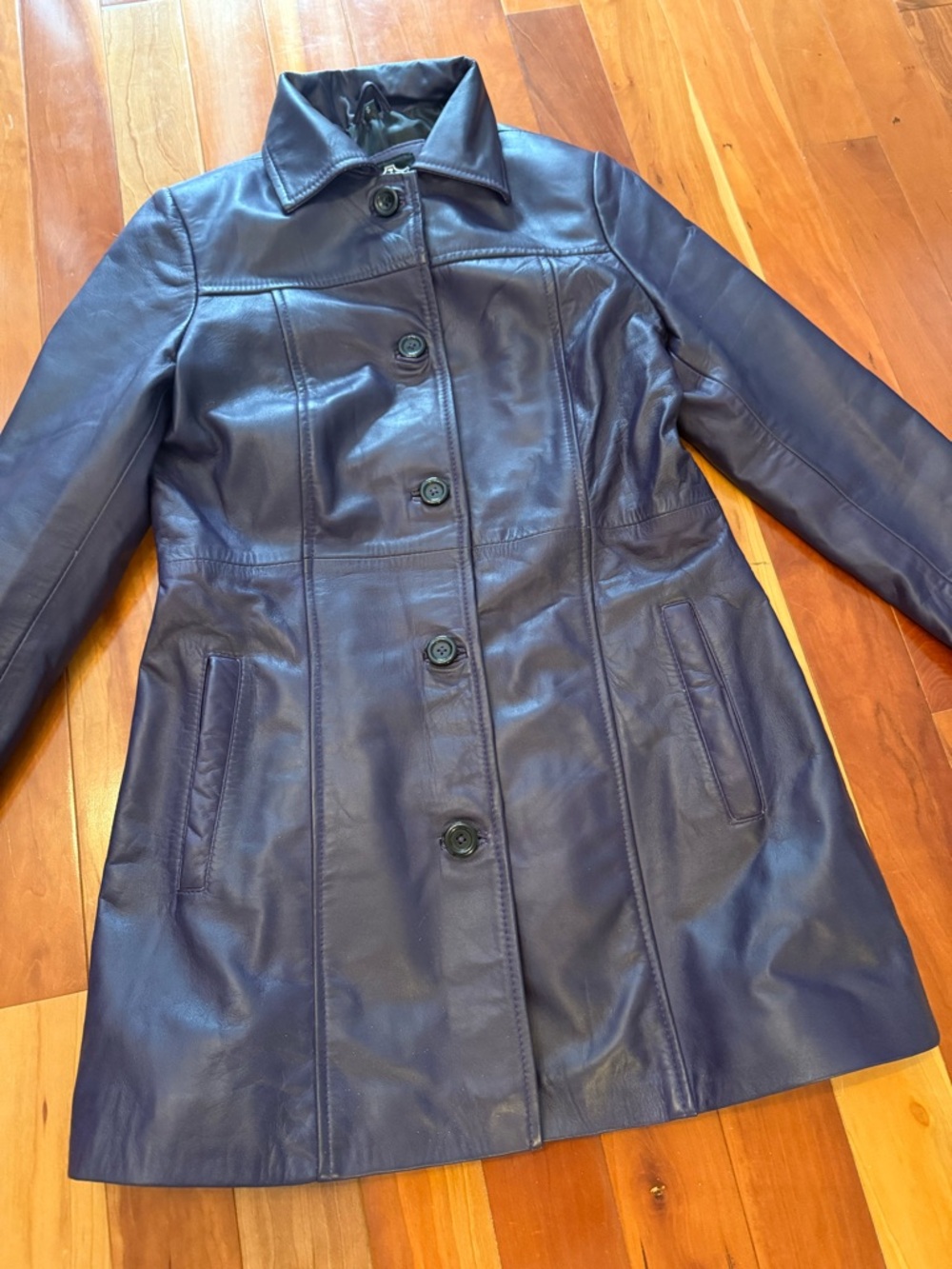 Purple Leather Button-Front Women's Coat - Picture 4 of 7
